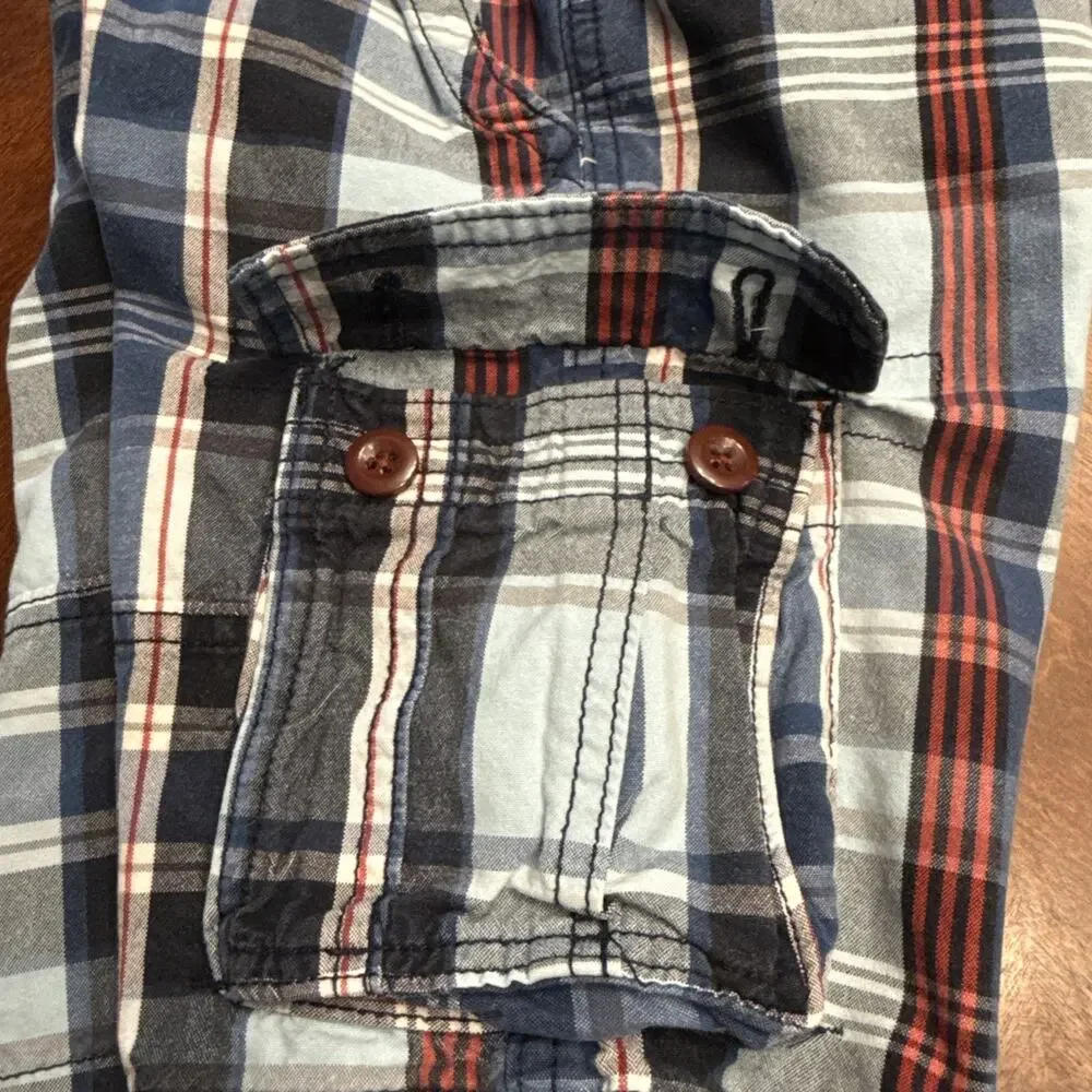 Children's Place‎ Boys 100% Cotton Cargo Shirt Blue Gray Red Plaid Size 6 EUC
